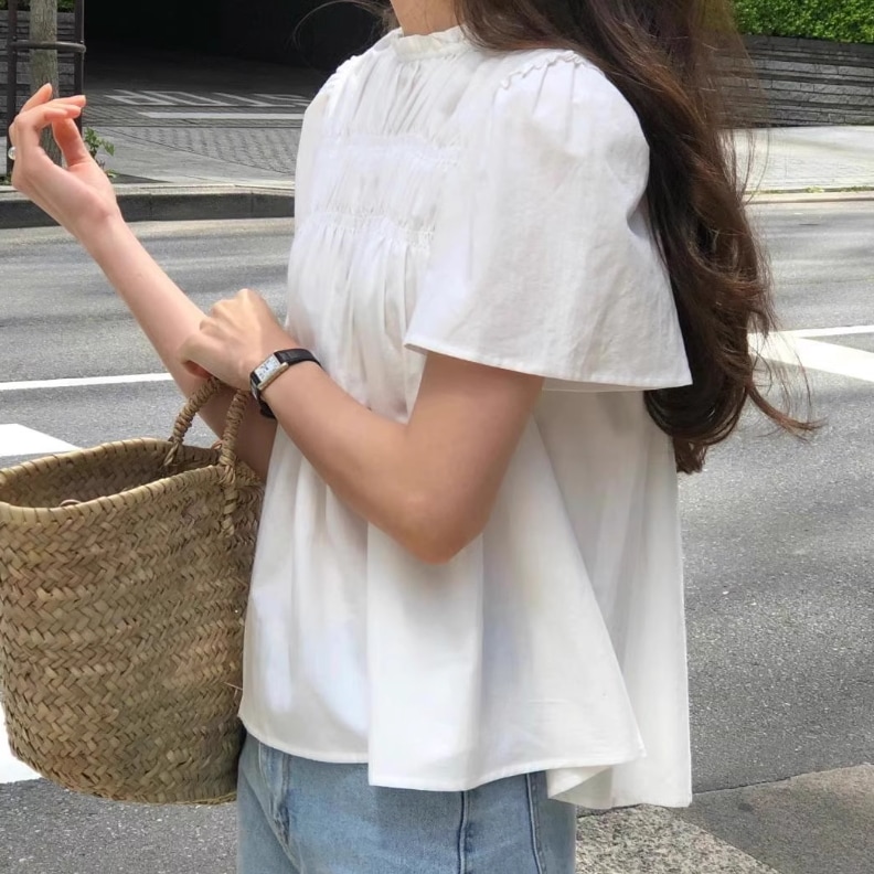 レディース トップス シャツ ブラウス プルオーバー 半袖 パフスリーブ スタンドカラー ワイド フェミニン プリーツ 薄手 かわいい 大人可愛い きれいめ シンプル カジュアル 上品 おしゃれ 4,932円