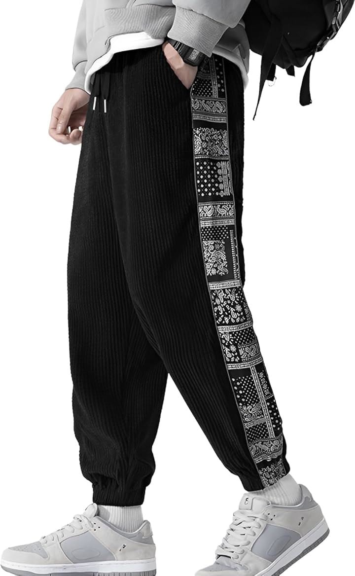 メンズ サイド ライン ジョガー パンツ ペイズリー 柄 コーデュロイ 長ズボン カジュアル ロング丈 無地 ストレッチ スリム サバゲー スポーツ ビジネス(ブラック, 2XL)