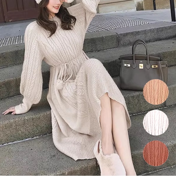 ３色展開 フレンチガールセータードレスレディース ワンピース ニット ドレス アウター ニットワンピ 膝下 ミモレ ハーフ ミドル丈 長袖 ランタンスリーブ ラウンドネック クルーネック 襟なし