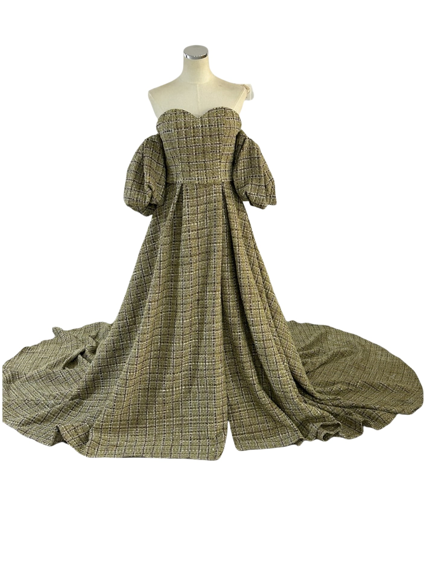 ツイードドレス イエロー ベアトップ パフスリーブ パーティードレス ロングトレーン