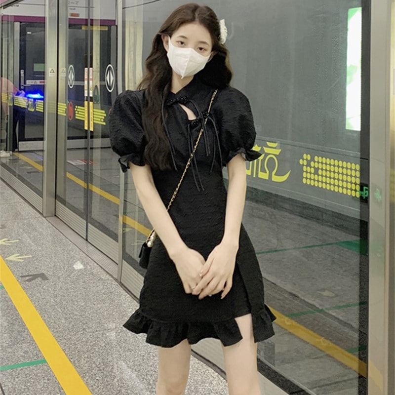 半袖ワンピース ワンピース フレアワンピース ミニ ミニ丈 袖あり 半袖 パフスリーブ ハイネック フレア Aライン リボン かわいい 大人可愛い きれいめ シンプル カジュアル 大人 上品 おしゃれ