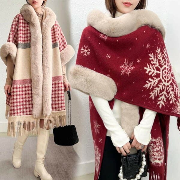 ケープコート マントコート レディース ポンチョコート ゆったり 体型カバー 大きめ 厚め 暖かい チェック柄 雪の華柄 フェイクファー ふわふわ もこもこ アウター カーディガン 秋冬物 冬物 冬服