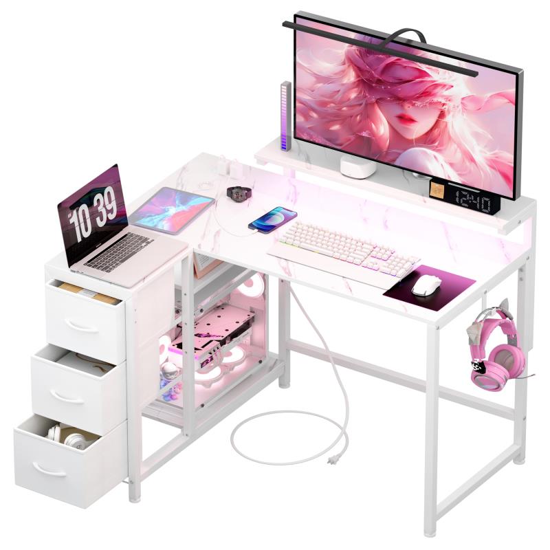 LunarLight PCパソコンデスク 幅108奥行き80高さ71.8cm テレワーク L型デスク・左右組み換え自由 3段調節モニター台（10～33.5cm対応） 引き出しとコンセント付き 収納たっ