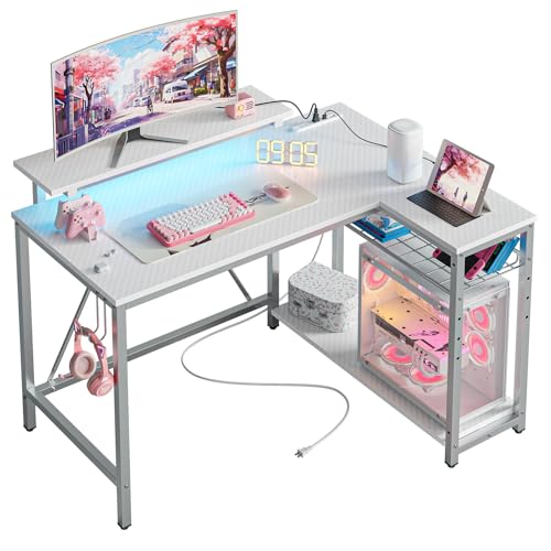l字 ゲーミングデスク 幅107cm コンセント LEDライト ホワイト 収納ラック付き
