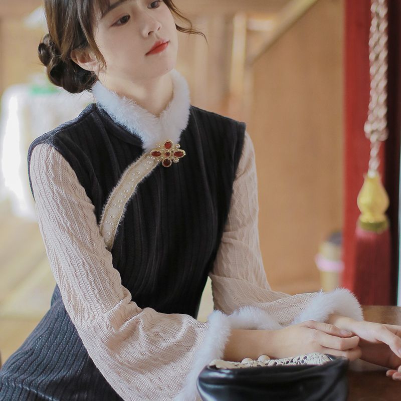 2025冬厚く改良されたチャイナドレス小桜米コーデュロイニット風レトロフェイクツーピースドレス