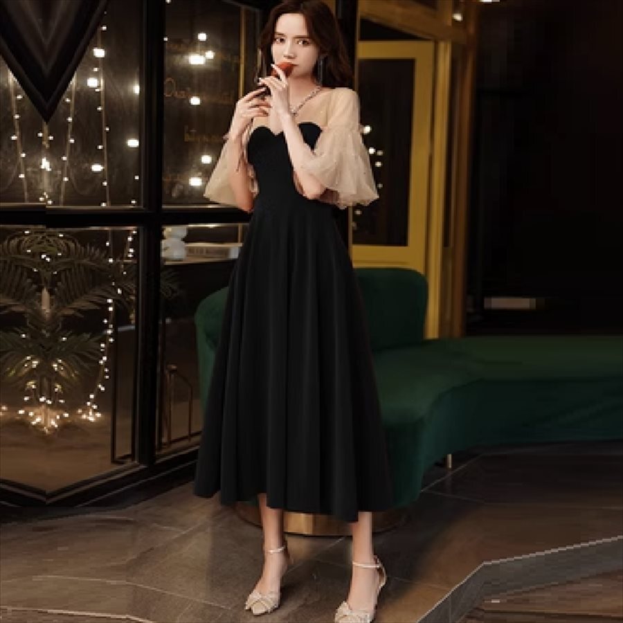 ロングドレス 2色 ドレス 衣装 ワンピース パーティドレス カラードレス ロング マキシ アンクル丈 袖あり 半袖 フレア袖 フレアスリーブ ラウンドネック Aライン フレア キラキラ