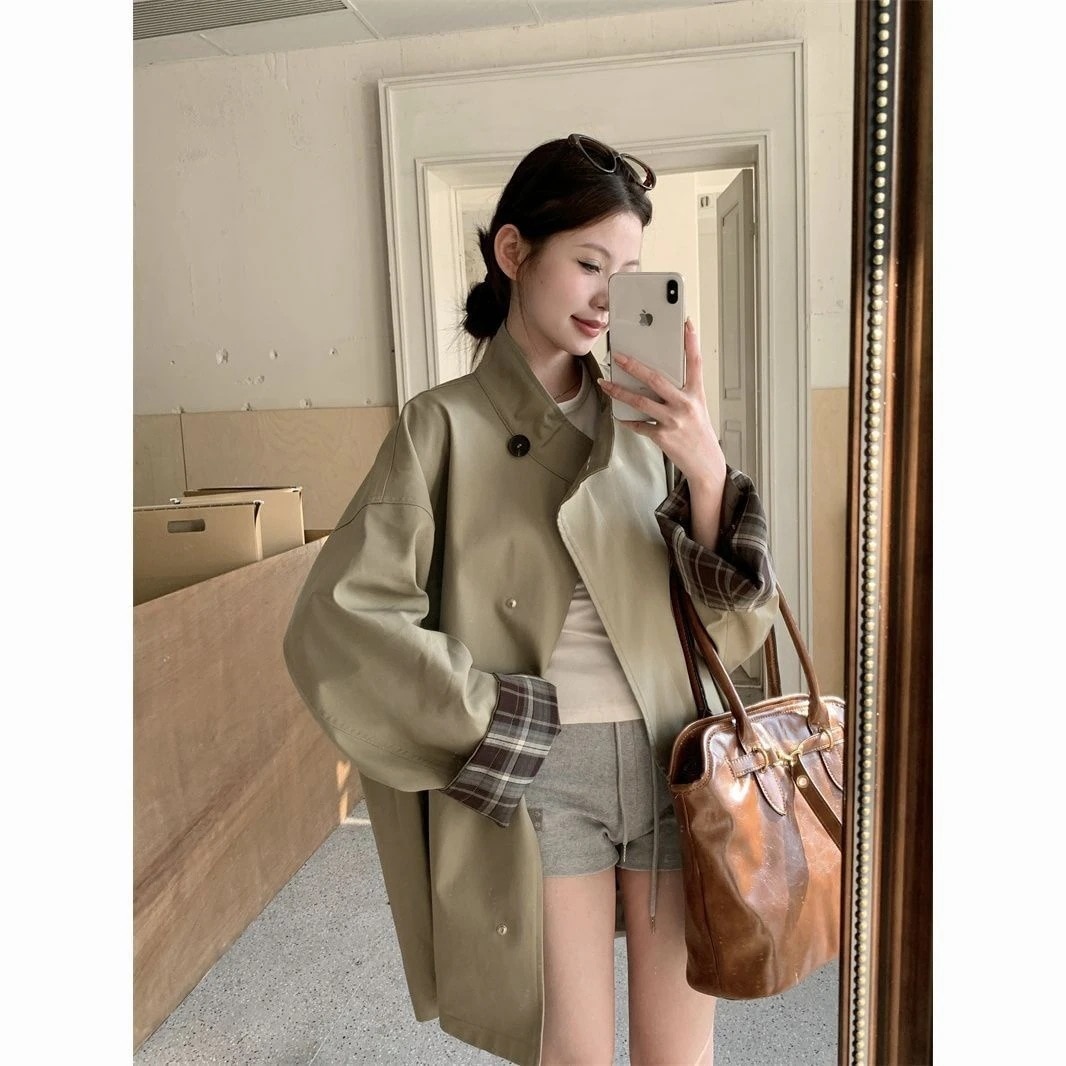 ブリティッシュインパクトカラースタンドカラー 秋 ミディアム丈 パーカー コート レディー