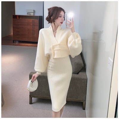 大人気 タイト ニットカーディガン+キャミ ワンピース ットアップセ 4色