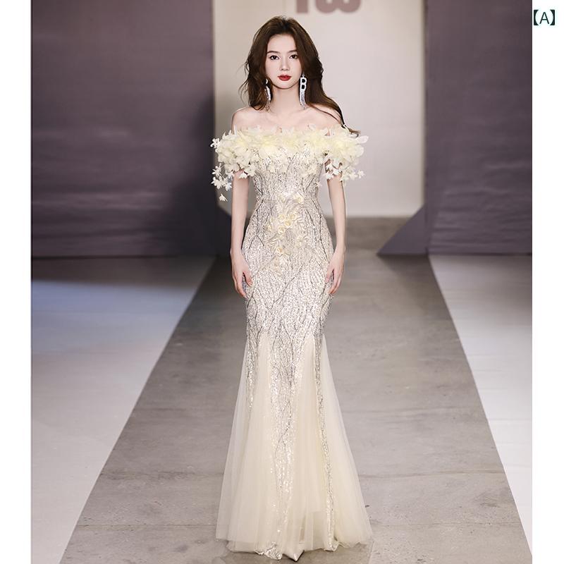 ドレス　パーティー　レディース フィッシュ テール イブニングドレス 2025 ワンショルダー ハイエンド 重厚 大人 シニア ホスト スパンコール トースト ドレス