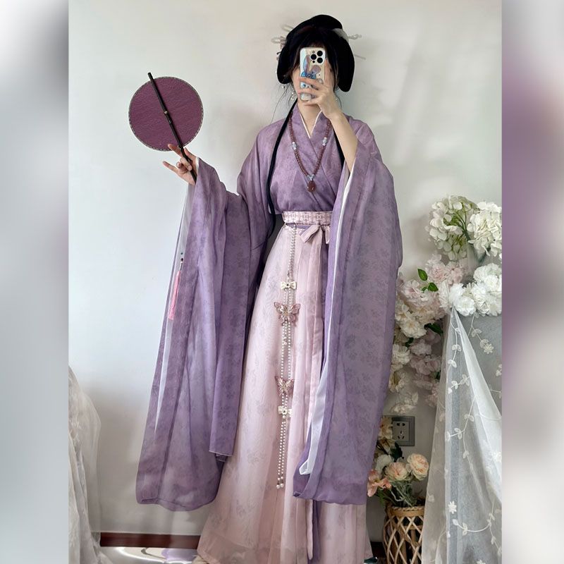 新製品 コスプレ 魏晋風漢服女性成人交領広袖斉腰プリント破スカート清冷系飄逸日常