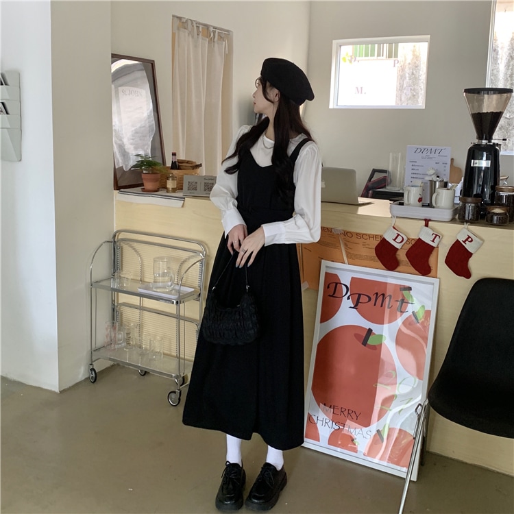 トップス ワンピース セットアップ 白トップス ジャンパースカート 膝下 ミモレ ミモレ丈 袖あり 長袖 Vネック ラウンドネック フレア セミフレア ウエストマーク 2点セット ツーピース