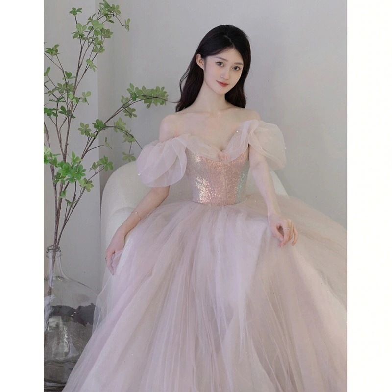 ピンクブライズメイドドレス2025イブニングドレショルダー婚約ドレスホストイブニングドレス