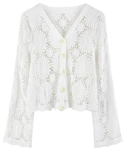 トップス カーディガン ミニ ミニ丈 ショート ショート丈 袖あり 長袖 Vネック フリル 透かし編み サマーニット かわいい 大人可愛い きれいめ シンプル 上品 おしゃれ お洒落 ラブリー キュー