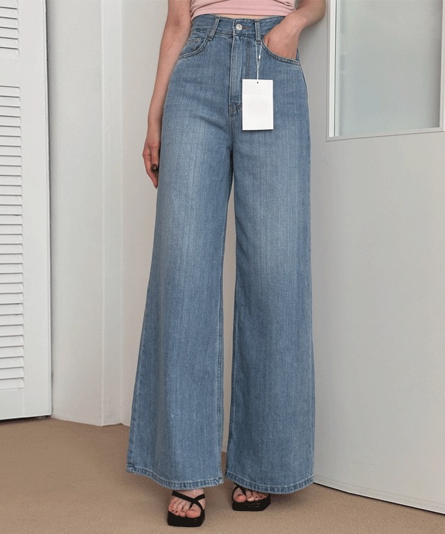 夏 ハイウエスト ワイド ロング デニム パンツ