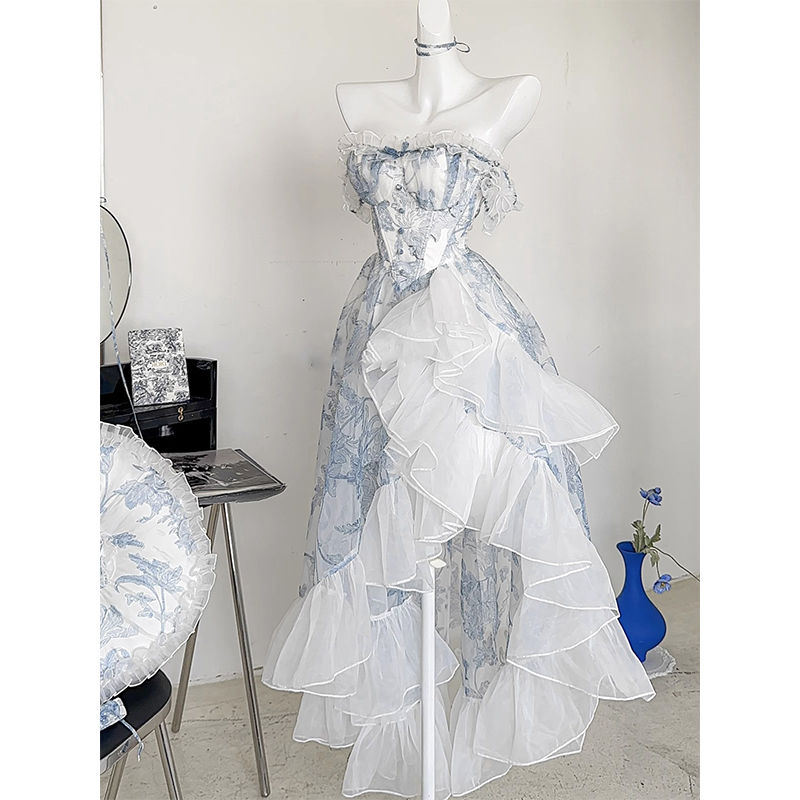 [急速出荷]二次元 ロリータ 胸つきワンピース夏 プリンセスロリータロングスカート 青い小花(最安値保証)