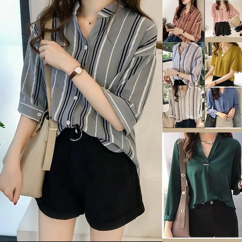 【20点セット】【急速出荷】[3枚購入+1枚5枚+2枚数量]23 新入荷 韓国レディース ファッション ストライプシャツ 七分袖 ブラウス