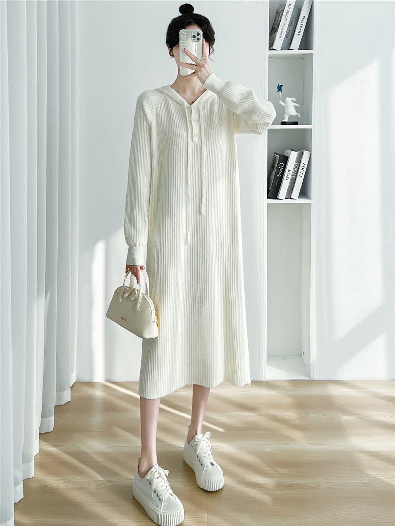 インナースカートセーターワンピースルーズ薄フード付きニットワンピースレディースロングセクション秋冬ボトムセーターワンピース