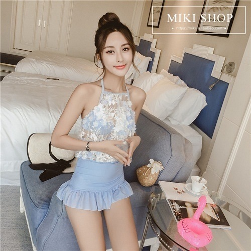 4255.レーストップホルターネックビキニ(ブルー)2019 春夏 温泉 プール 海 海水浴 体型カバー レース フリル