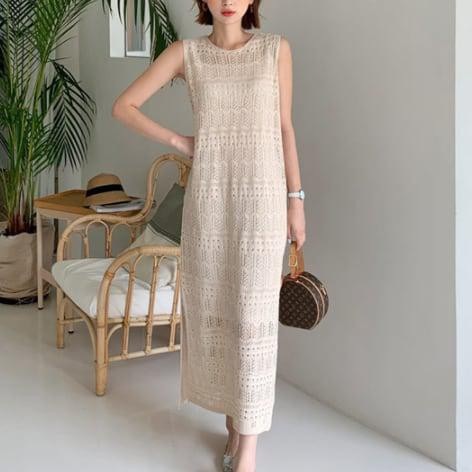 【2025新作入荷】ワンピース レディース ロング丈 ノースリーブ Uネック スリム タイト 細身 ストレート Iライン サイドスリット レース 刺繍 編み込み