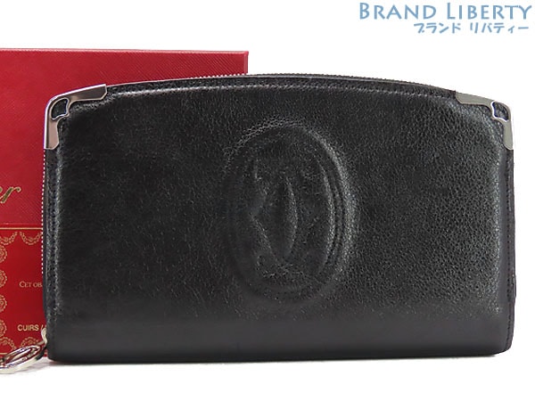 美品カルティエマルチェロドゥカルティエラウンドファスナー長財布ブラックカーフレザーL3000915