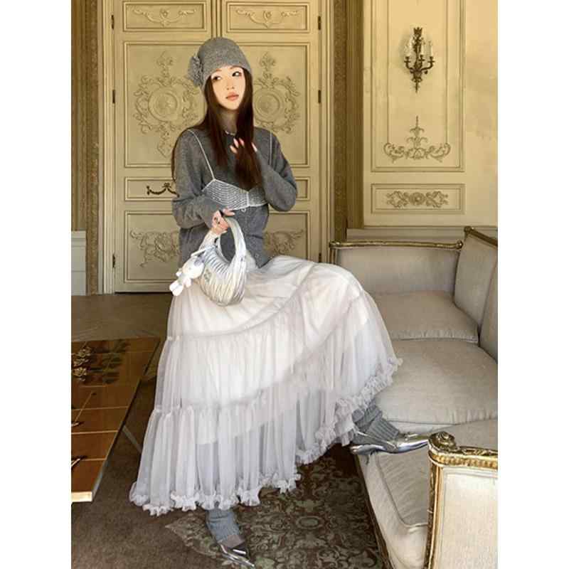 レースカート ロング 大人 上品 エレガント レディース 二層 チュール フリル Aライン ミモレ丈 普段使い お出かけ 秋冬 シルバー グラデーション おしゃれ