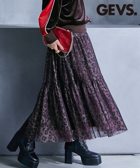 ロングスカート 配色チュールロングティアードスカート ペチコート付 GEVS. 大きいサイズ対応 8,159円