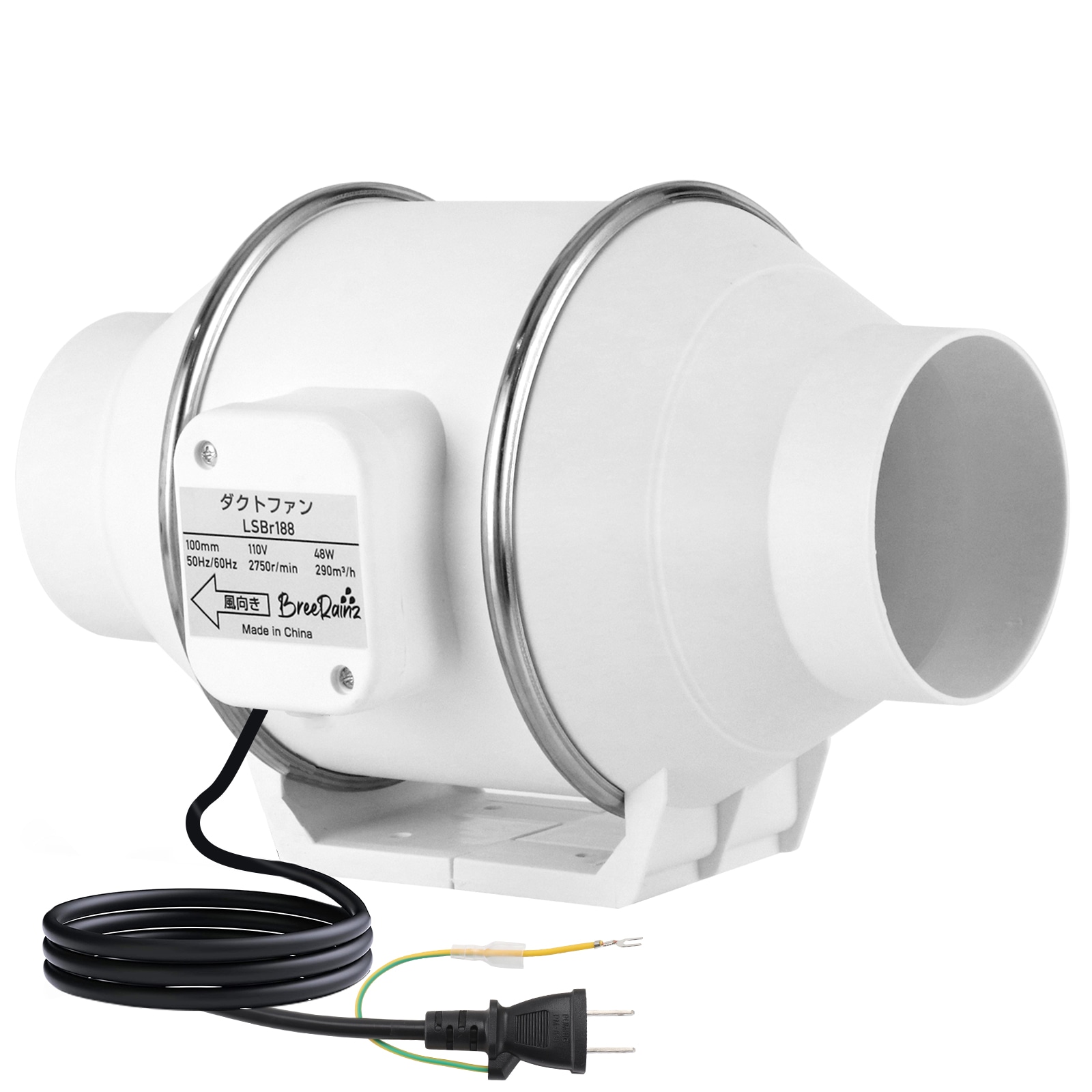 ダクトファン Φ100mm ダクト用換気扇 110V 風量290m3/h 大風量 強力 省エネ 静音 排気ファン 中間取付 塗装ブース用 家焼肉 家庭用 業務用 排風機 丸形タイプ 日本仕様電源プラグ