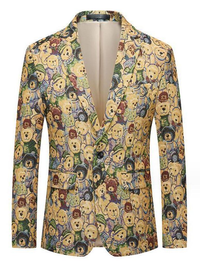 ステージ衣装 熊柄 テーラードジャケット パーティー 男性ステージ演出服 メンズスジャケットコート 舞台劇 司会者 舞台スーツ プリント 結婚式 クラブ シングルボタン メンズフォマールスーツジャケ
