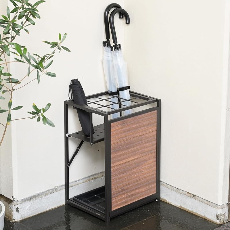 【即納】[山善] 傘立て 折り畳み傘対応 軽量 折りたたみ可能【完成品】 傘たて 12本用 屋外 幅31.5×奥行26.5×高さ48.5cm 水受け取り外し可能 玄関収納 ラック ブラウン KAUR