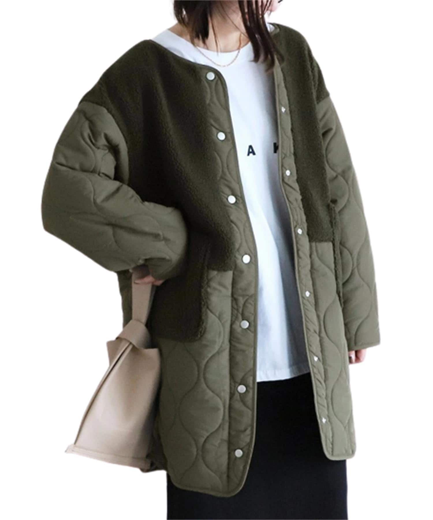 [kisetsumate] ジャケット ロングコート レディース アウター 切り替え キルティング ブルゾン ノーカラーボア ノーカラーコート ボアジャケット 着痩せ 冬服 軽量 防寒 中綿コート ゆ