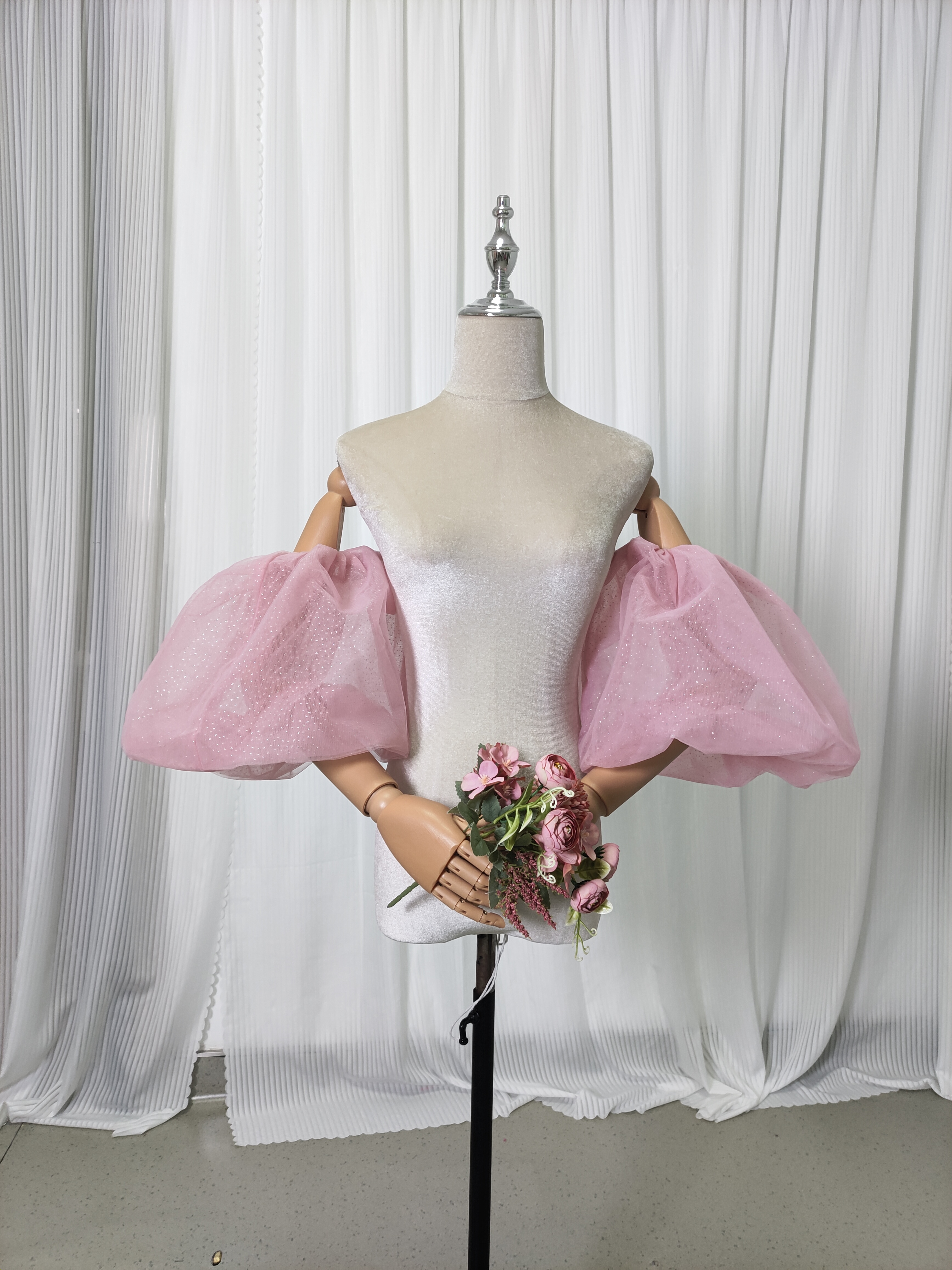 パフスリーブ 取り外し袖 キラキラグリッターチュール ストレッチ 花嫁/ウェディングドレス