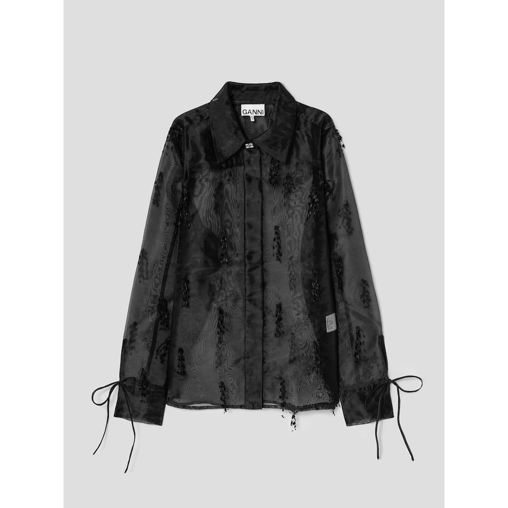 ギャニーフリンジ付きオーガンザシャツ-ブラック QN5160R055