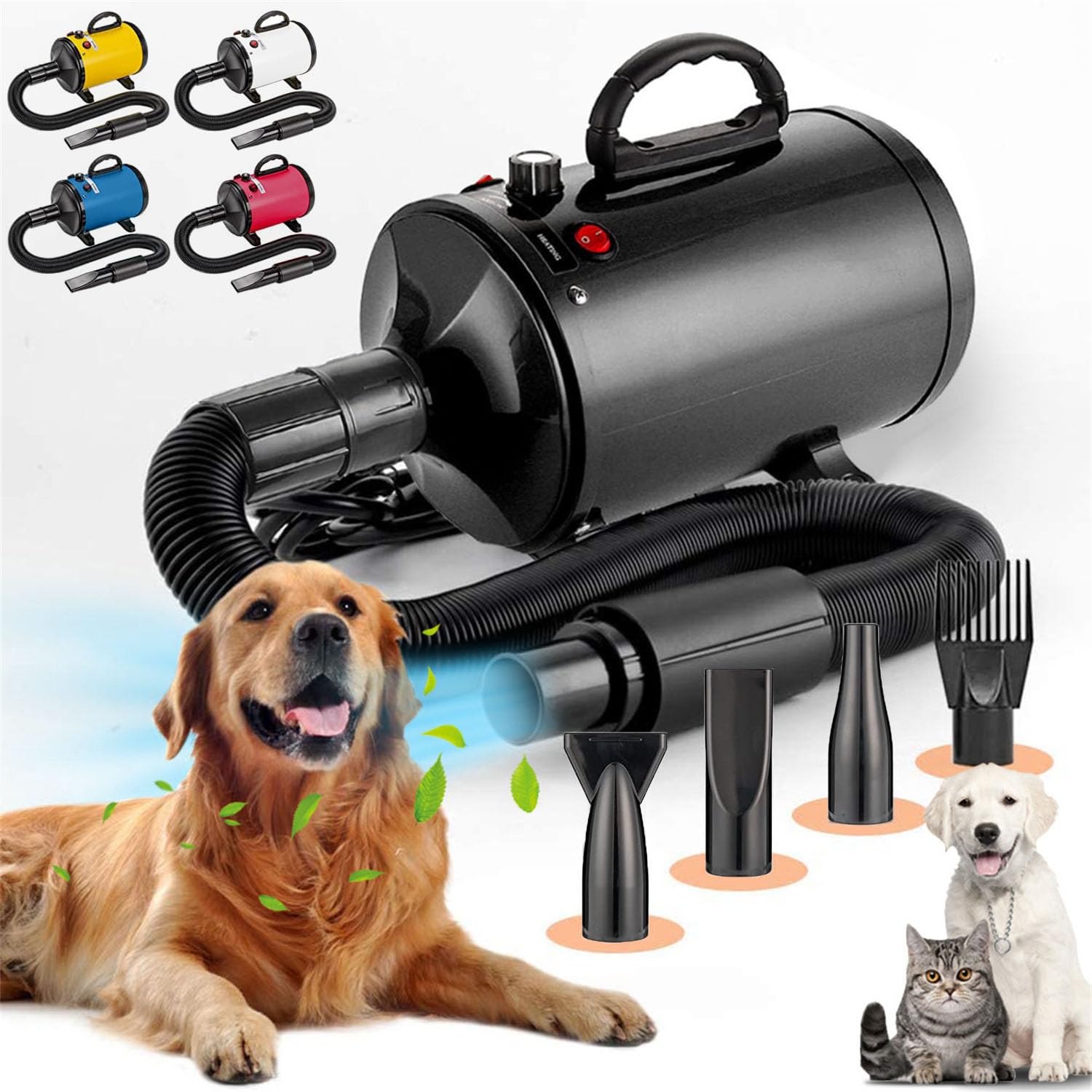 ペットドライヤー 犬用ドライヤー 猫 犬 ドライヤー 大風量 犬用乾燥機 無段階風速制御 -℃温度可調整 犬 ドライヤー 4種ノズル付き 日本語説明書 犬/猫兼用 - ブ