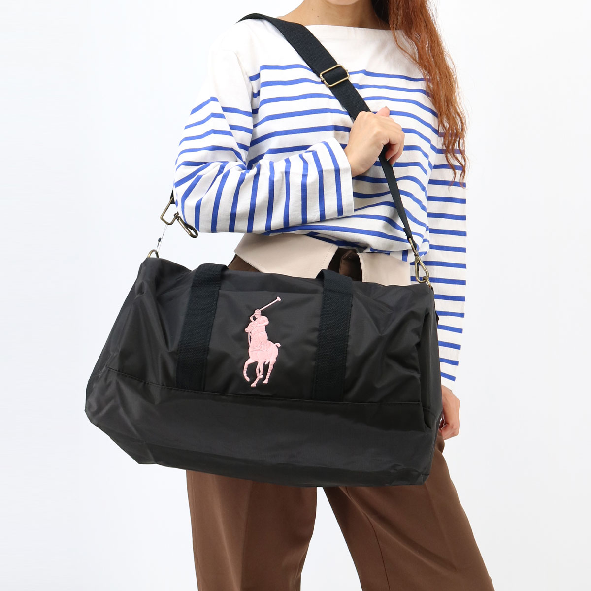 4AR066 ボストンバッグ ビッグポニー ショルダーバッグ ハンドバッグ ロゴ刺繍 A4収納可能 ユニセックス レディース メンズ ブラック