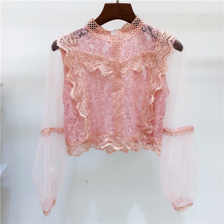 2567.シースルーカラーレースブラウス（ピンク）2019 春夏 sale 春夏 sale トップス セクシー カジュアル 通勤 通学 結婚式 披露宴 女子会 カフェ ランチ リゾート