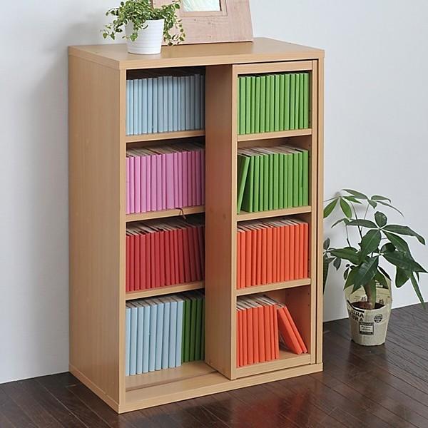 本棚 スライド おしゃれ 棚 オープンラック シンプル 北欧 木目 柄 白 ホワイト 前後 2列 可動棚 小さい コンパクト スリム 省スペース リビング 収納 おすすめ