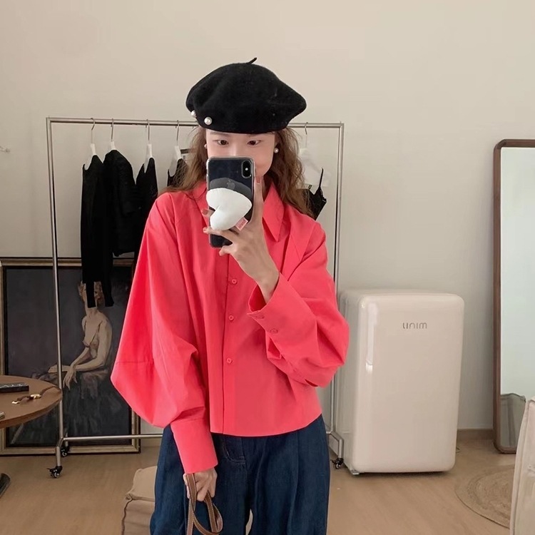 ブラウス トップス ショート丈 襟付き 長袖 前開き バルーンスリーブ 長袖 大人可愛い 上品 お洒落 こなれ感 普段使い