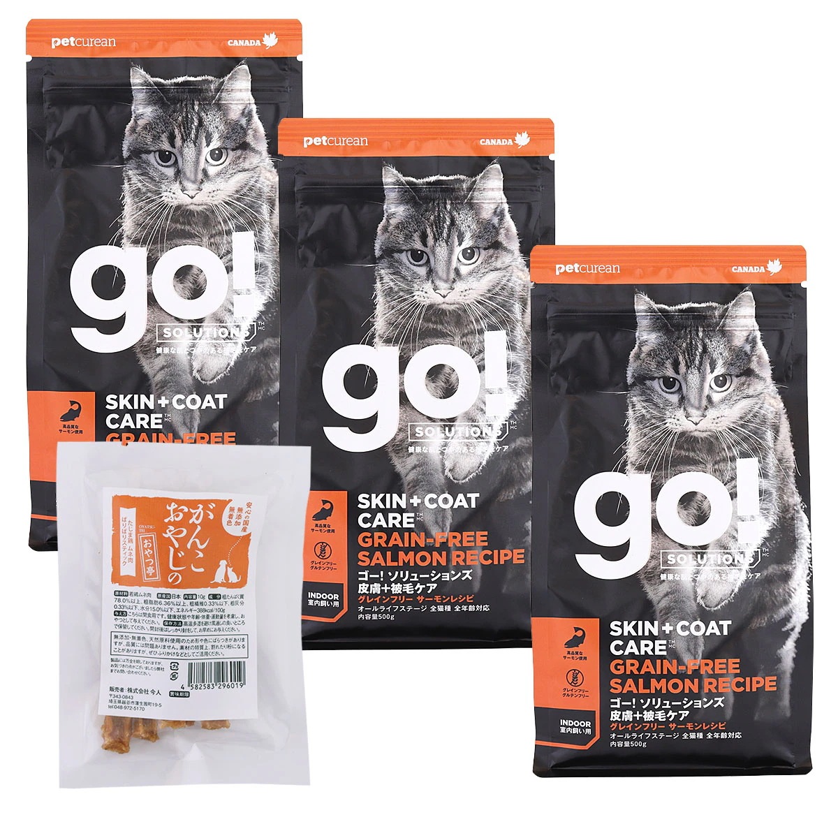GO! ゴー ソリューションズ キャット 皮膚+被毛ケア 500g×3袋【国産たじま鶏ジャーキー(小サイズ)付き】