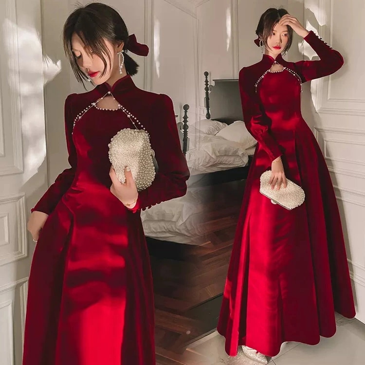 イブニングドレス ワイン赤 ベロア ベルベット チャイナ風ドレス 立ち襟 パール オシャレ ロングドレス 長袖 結婚式ドレス 二次会ドレス ワインレッド ゲストドレス パーティードレス S M L X