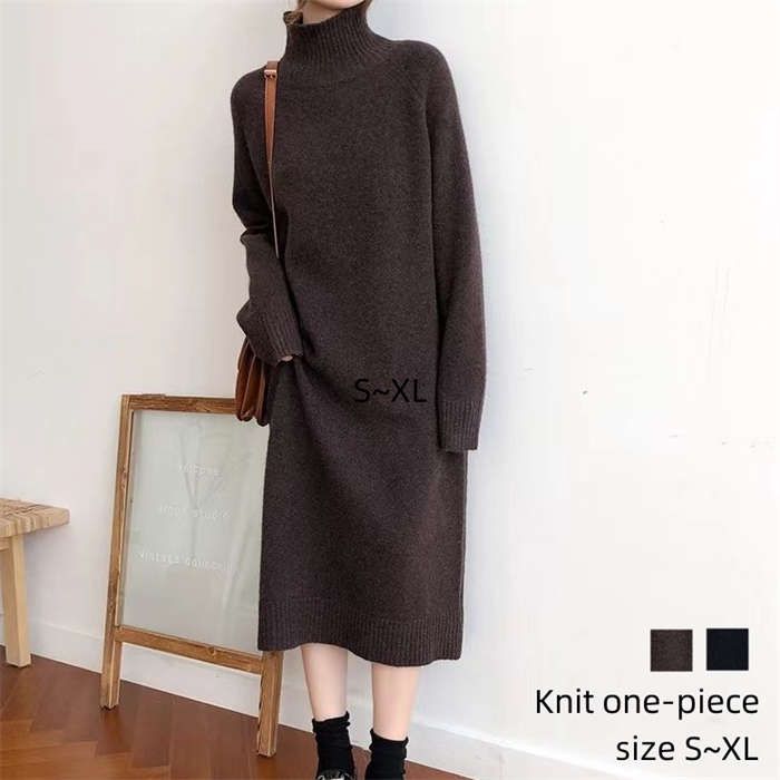 ニットワンピース 秋冬 ロング 冬 大人 ハイネック 長袖 大きいサイズ ニットワンピ ワンピース ニット ミモレ ロング丈 ミモレ丈 セーターワンピース ハイネックセーター ニットインナー ゆったり