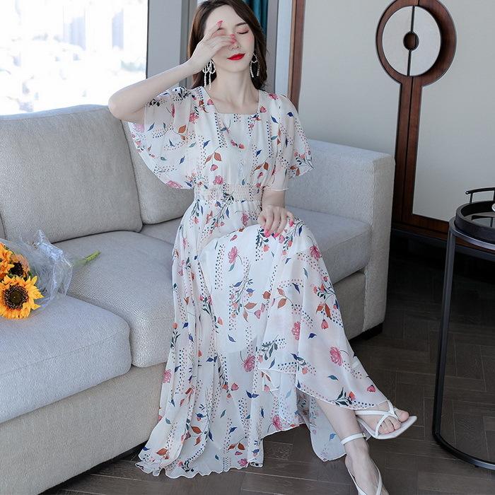 ワンピース レディース マキシワンピース 春夏 半袖ワンピース シフォンワンピース 花柄 ロング丈フレアスカート ゆったり オシャレ結婚式 通勤 着痩せ