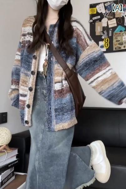 小香りある色合際立つストライプニットカーディガン秋冬韓国スタイルぴったり雰囲気くつろぎ感ある編カーディガン