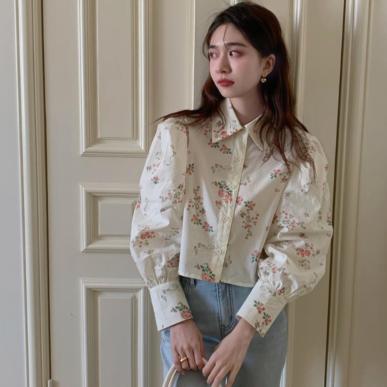 トップス シャツ ブラウス 袖あり 長袖 ボリューム袖 襟付き 大人可愛い きれいめ 上品 おしゃれ お洒落 ラブリー キュート ガーリー 花柄 小花柄 フラワー 春 夏 秋 2023 10代 20代