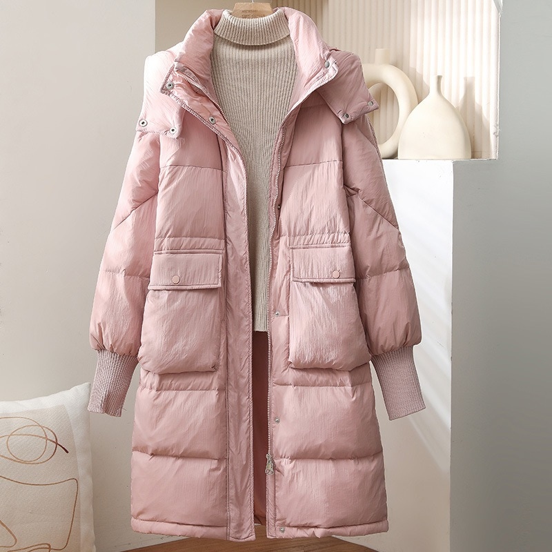 韓国スタイルの大きなキルトダウンジャケット女性のためのミッドレングス膝丈ルーズ肥厚ウエストフード付きホワイトダックダウンジャケット