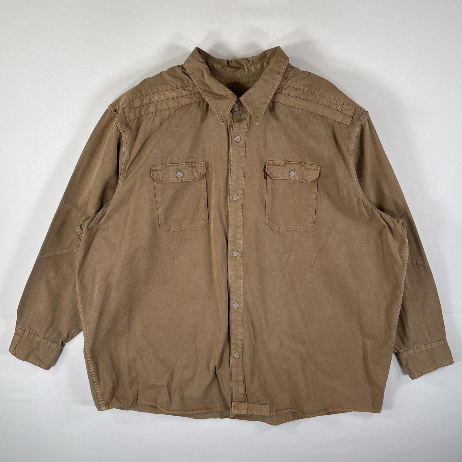 古着 カラーデニムシャツ 胸ポケット 長袖 エルボーパッチ シャツジャケット 大きいサイズ XXXL ベージュ系 メンズ