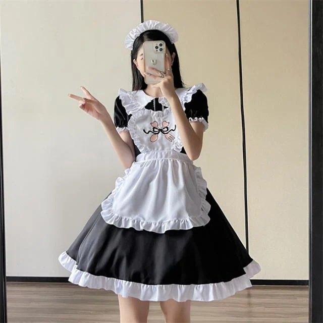 メイド服 ロリィタ ロリータ ワンピース コスチューム 飾り付き エプロン 髪飾り 刺 文化祭 学園祭 メイドカフェ Lolita コスプレ衣装 アニメ 可愛い ブラック ホワイト オーバーサイズ