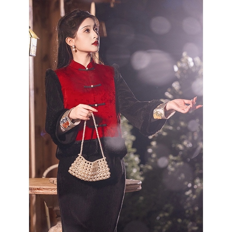 ワンピースドレスドレス黒い新しいのチョンサム2025長袖太い厚い年の衣服毎日のウェアラブルヤングスタイルの冬