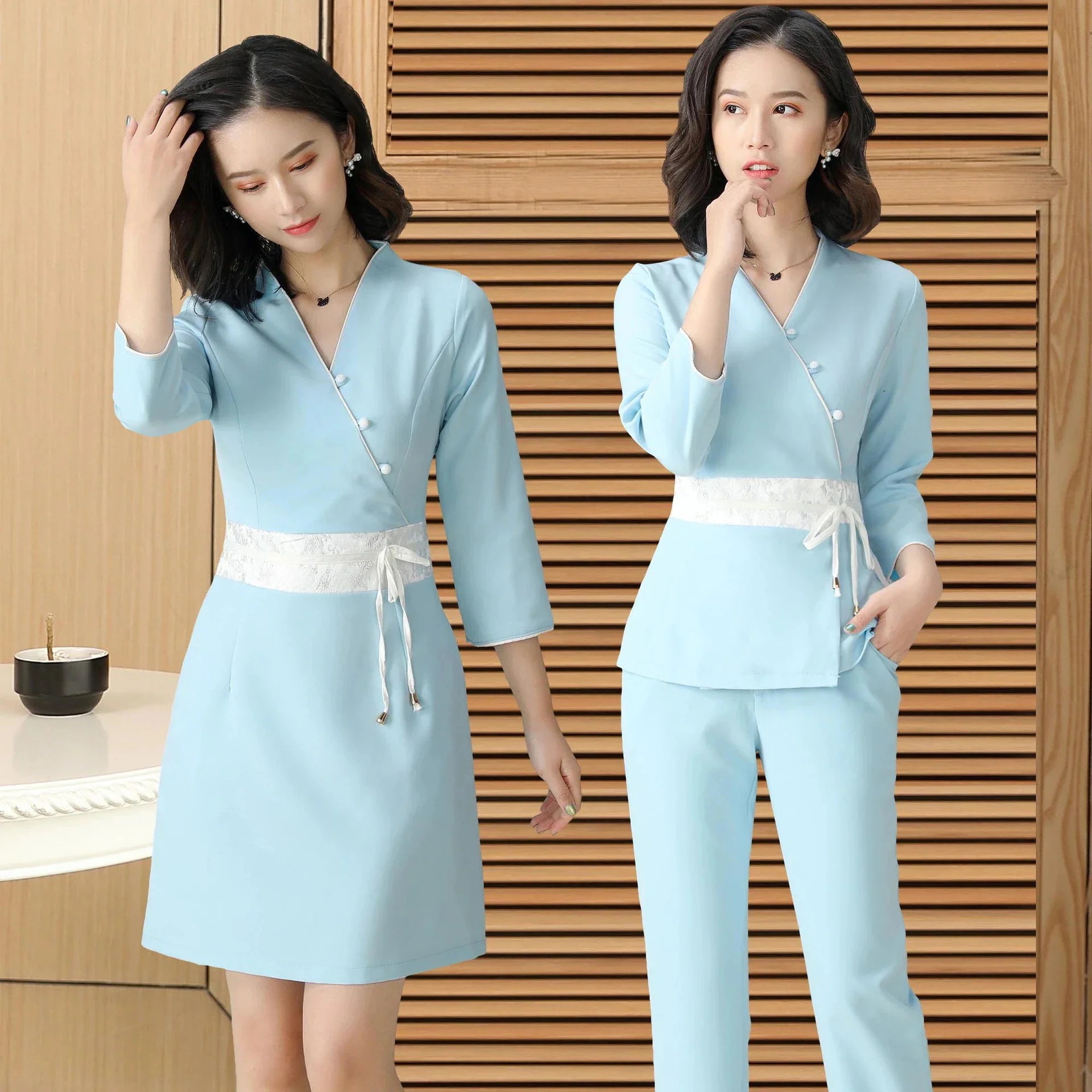 【高.品.質】2025作気質ユニフォームエステサロン通勤レディース女性制服上下セットおしゃれ半袖七分袖ジャケットセットアップエステ制服大きめサイズ0118w