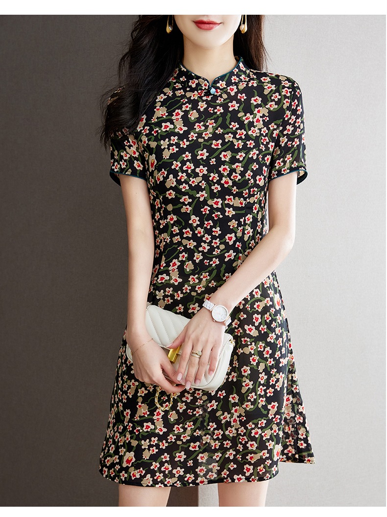 夏 シフォン チャイナ 薄いス ドレス 花柄 ウエスト スカート 女性 アプリコット ブラウン M L XL XXL ワンピース 袖あり かわいい 大人可愛い きれいめ シンプル カジュアル 大人