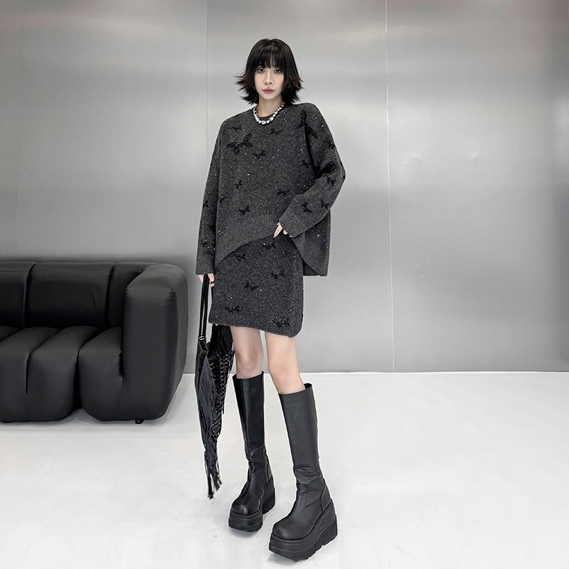 [急速出荷]セットアップ レディース おしゃれ 蝶柄 ニット＋スカート 上下セット ニットセット 2025春